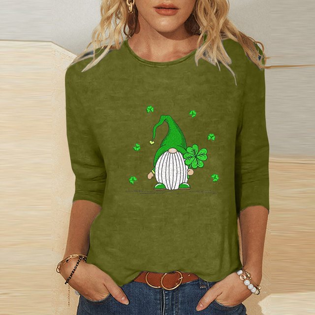 Meichang T-Shirts pour Femmes Jour de la Saint-Patrick Manches 3/4 Hauts Trèfle Chanceux T-Shirts Imprimé Vert Col Rond Décontracté Vacances T-Shirts Jour de la Saint-Patrick