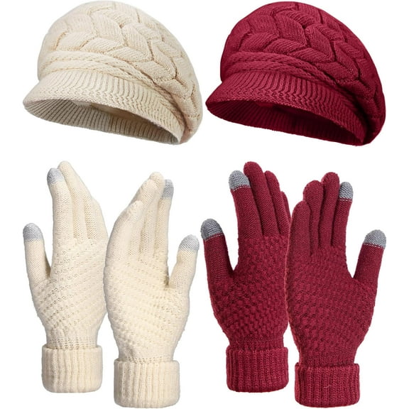 4 Pieces Women Winter Hat and Glove Set, Warm Knitted Beanie Hat Snow Ski Skull Cap with Visor and TouchScreen Glove