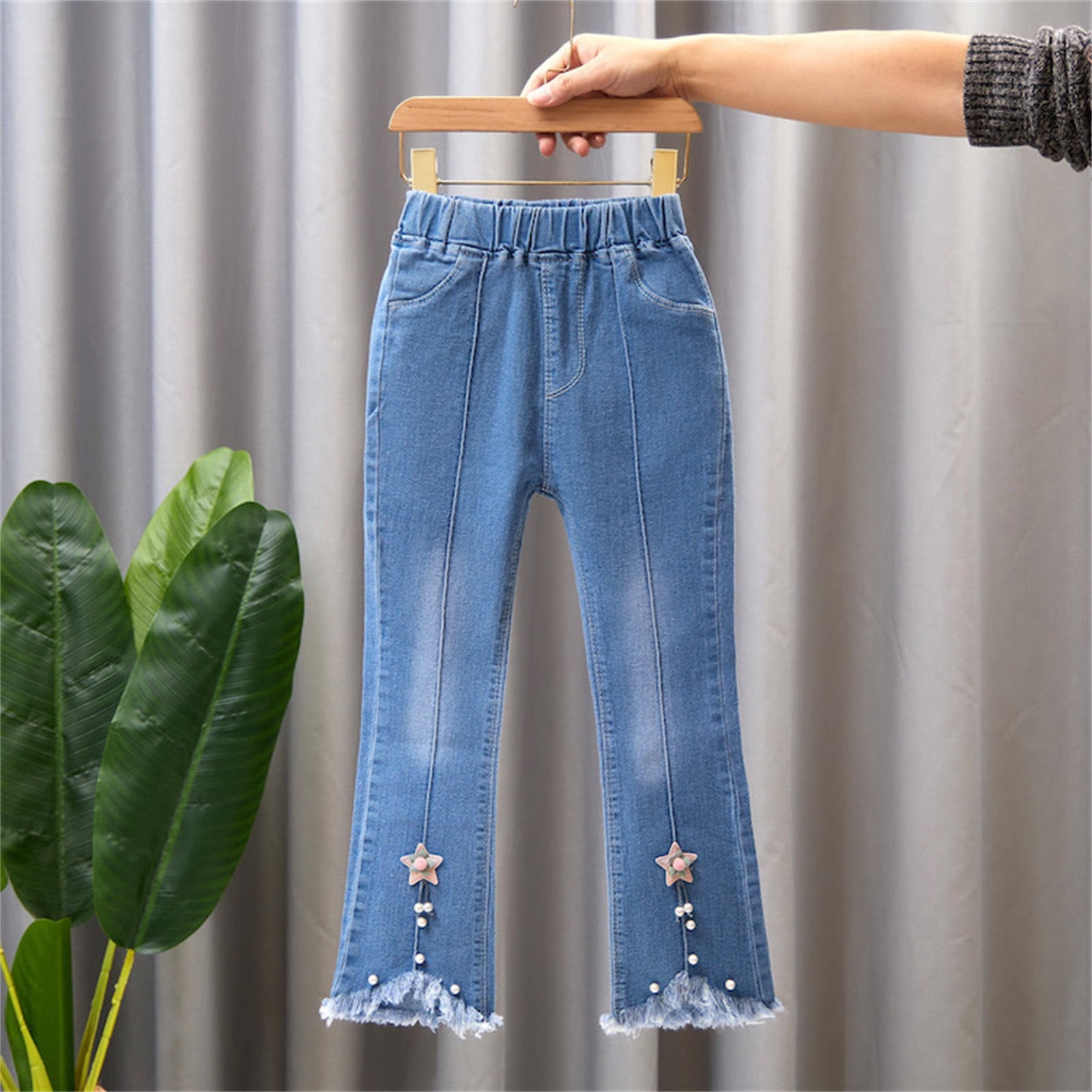 Timifis Clearance Kids Toddler Little Baby Girl Ruffle Ripped Jeans Bell Bottom Flare Pants Ripped Denim Leggings Trousers Blue 4 5t Spring Summer S