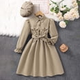thumbnail image 2 of WUANDIXFA Girls Long Sleeve Dress with Hat, Lapel Collar Button Down Midi Dress Swing Casual Dresses with Belt (Khaki, 7-8 Years), 2 of 9