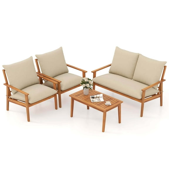 Gymax Set of 4 Patio Acacia Wood Furniture Set w/ Soft Cushions & Coffee Table