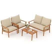 Gymax Set of 4 Patio Acacia Wood Furniture Set w/ Soft Cushions & Coffee Table