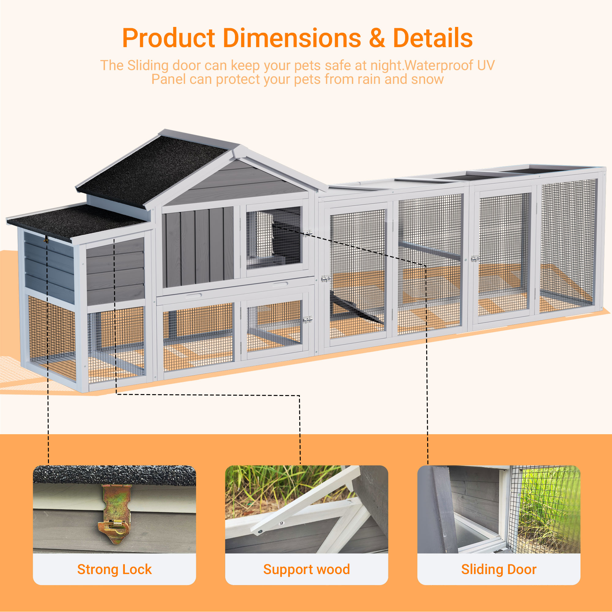Chicken Coop, Outdoor Hen House, Large Wooden Chicken Run with Waterproof Asphalt Roof, UV-Resistant Panels, Nesting Box and Sliding Door, Removable Tray for Backyard Chickens, Gray 111.5 Inch