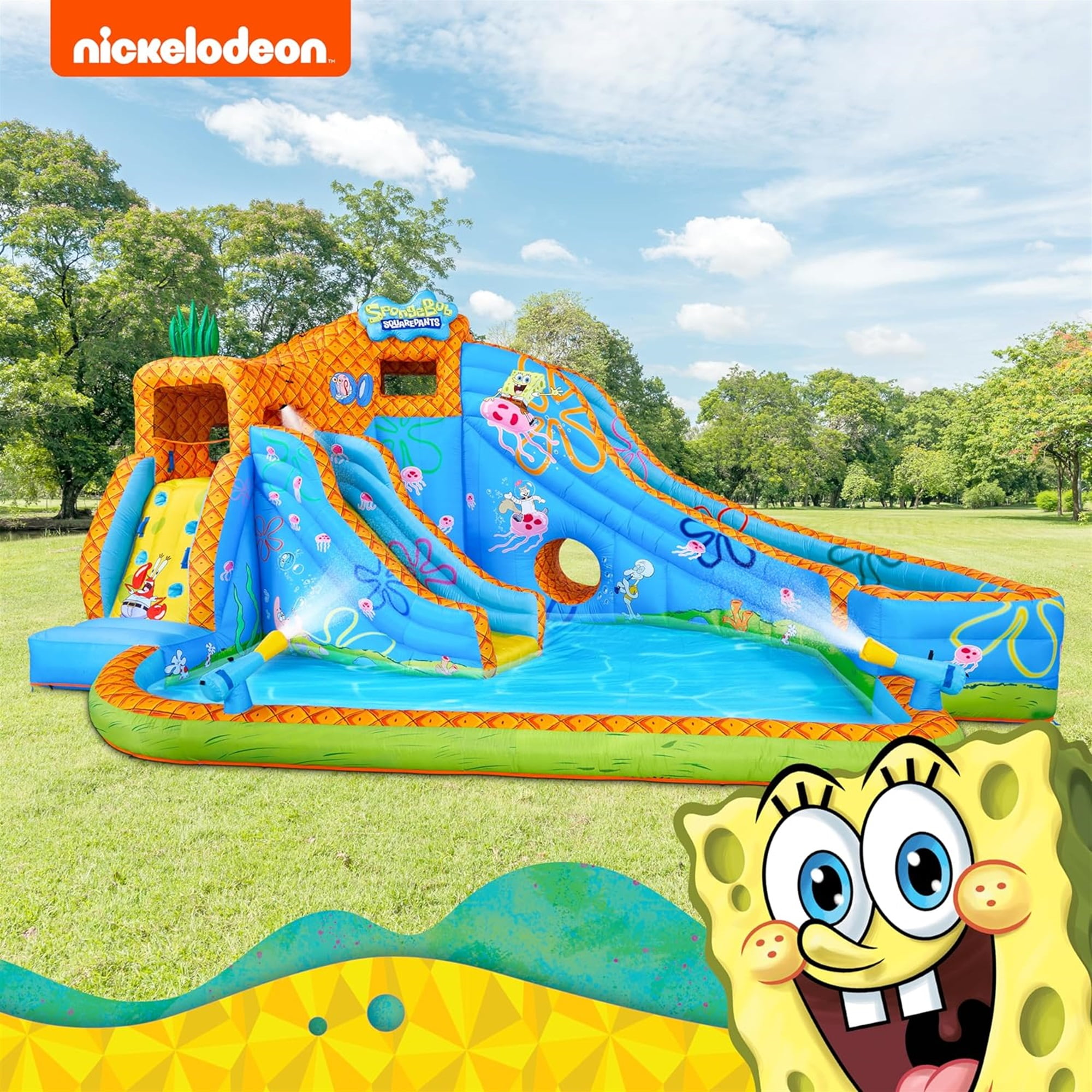 Sunny & Fun Fun SpongeBob Inflatable Water Slide with Climbing Wall, Dual Slides & Splash Pool