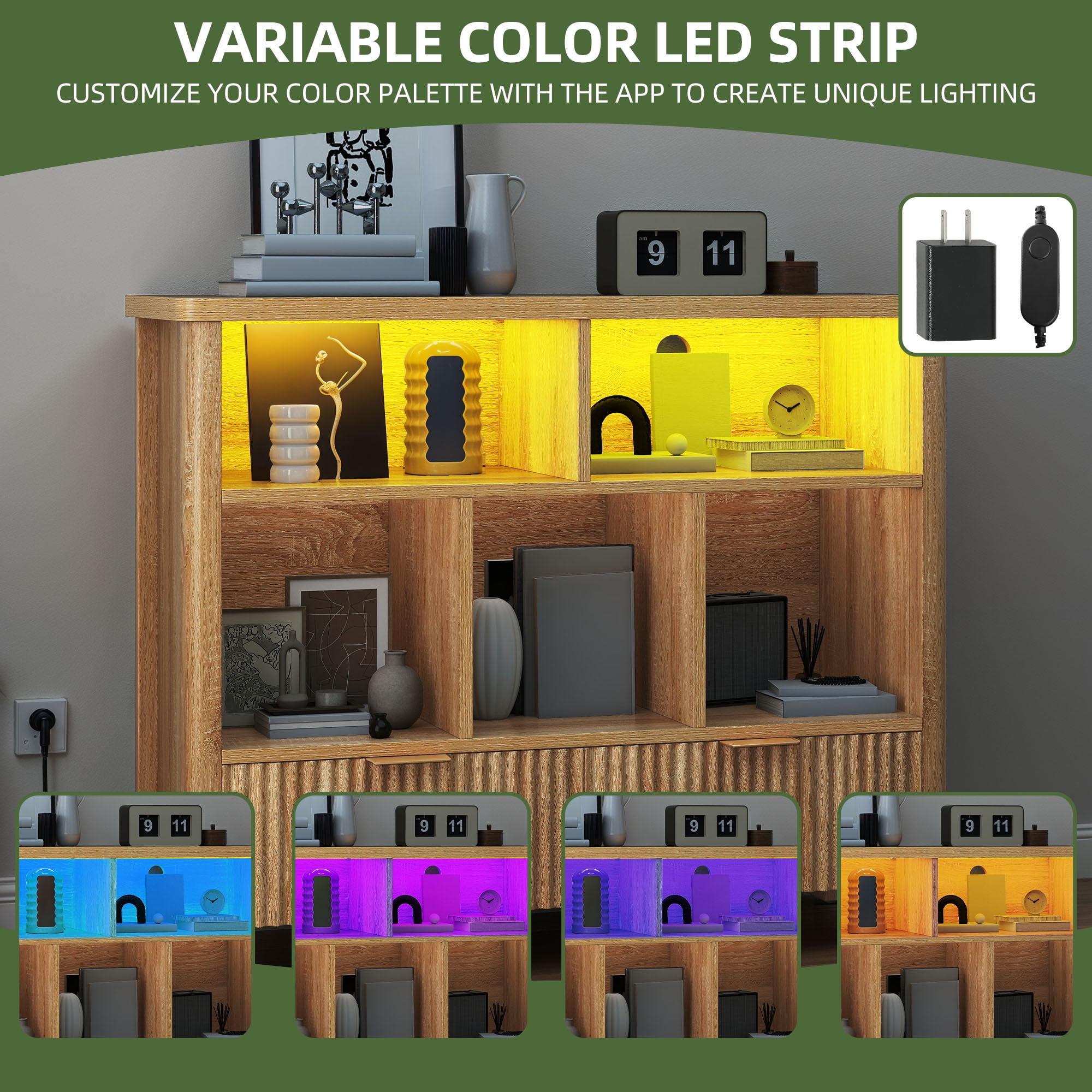 Uforic 5 Cube Bookcase with LED Light, Modern 3 Tier Bookshelf with Drawers for Home Office
