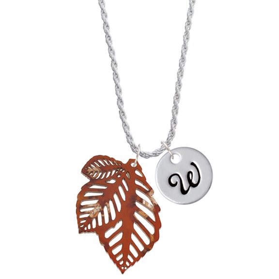 Delight Jewelry Acrylic Medium Triple Leaf Pearly Brown Silvertone Script Initial Disc - W - Charm Necklace, 20"+3"