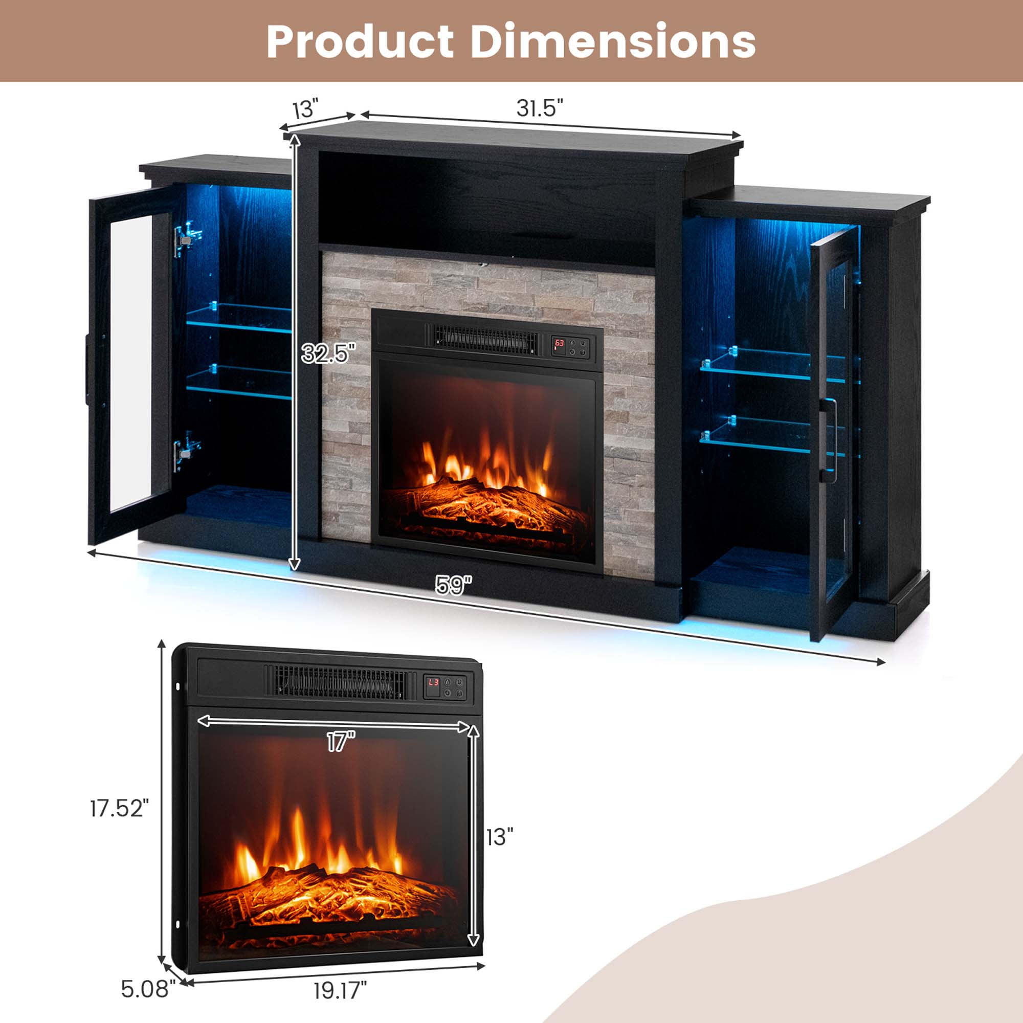 Costway Fireplace TV Stand with Led Lights & 18'' Electric Fireplace For 65" Wall-Mounted TV Black