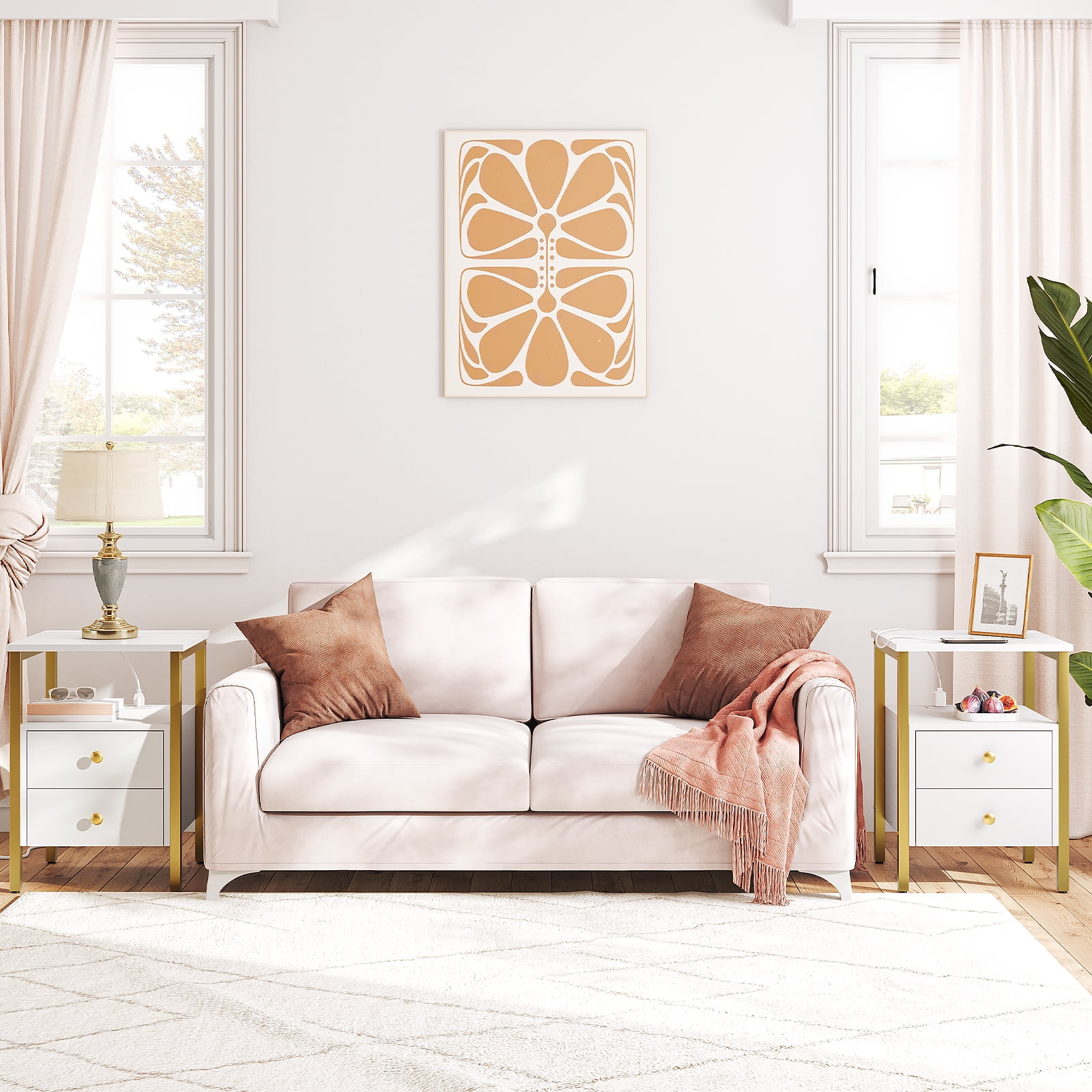 HOOBRO Nightstand with Outlets and USB Ports Coffee Table with Drawers Sofa Table Living Room Bedroom White and Gold DW43UBZ01