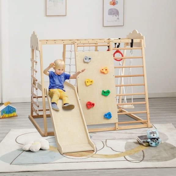 Indoor Playground 8-in-1 Jungle Gym Kids Climbing Toys, Wooden Climber Playset with Slide, Swing, Monkey Bars, Upright/Rope Ladder, Climb Net