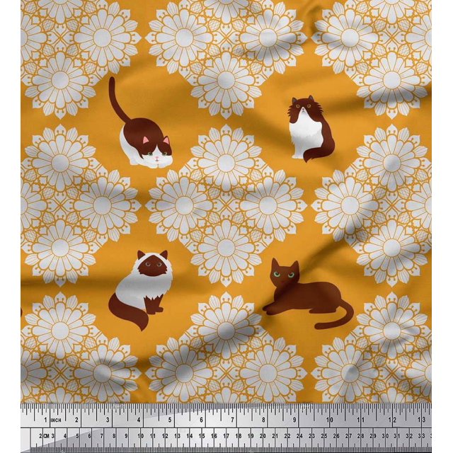 Soimoi Polyester Crepe Fabric Floral & Cat Animal Printed Craft Fabric by The Yard 42 Inch Wide