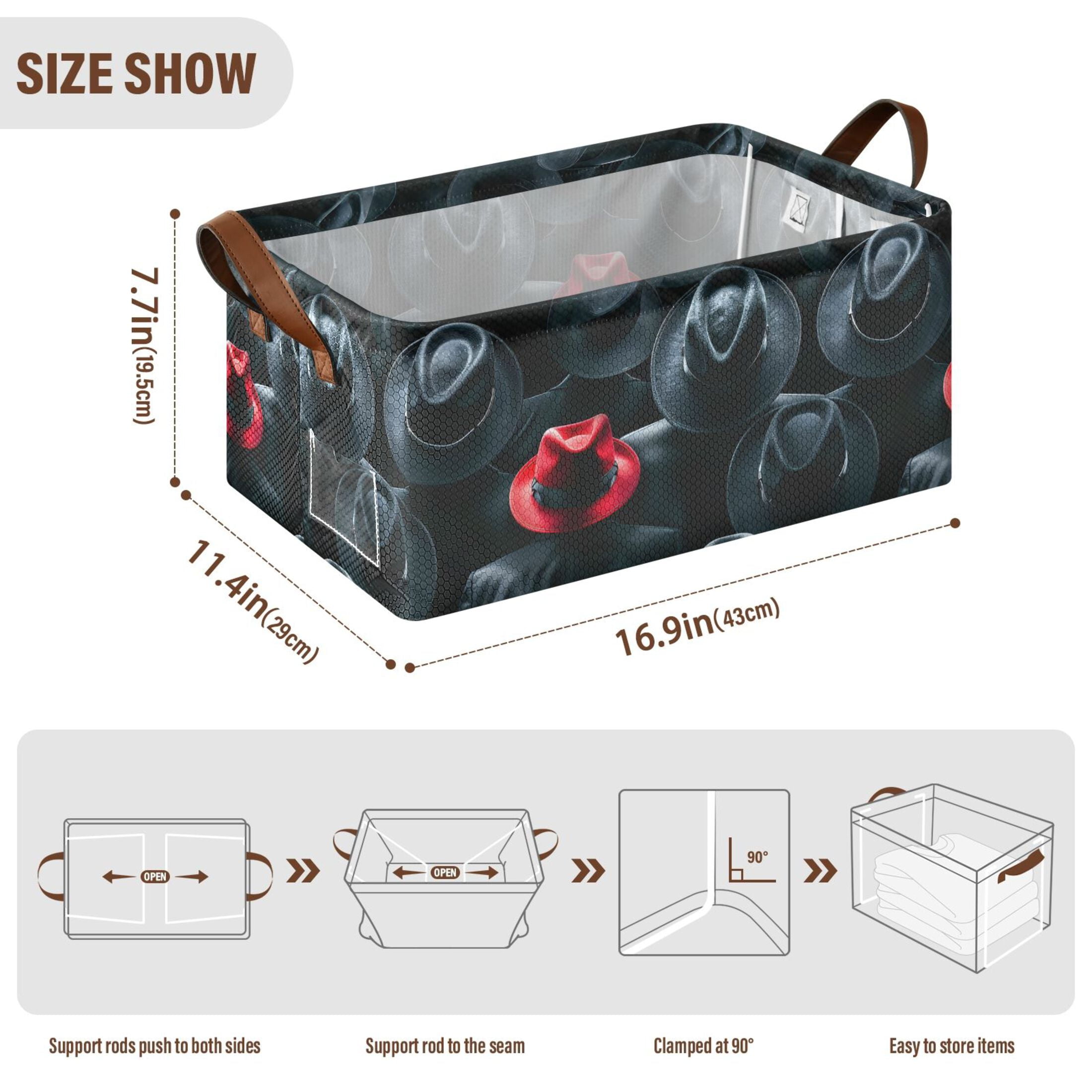 Black Red Hat 2 Pcs Collapsible Storage Bins Fabric Shelf Baskets with Handles 16.9"x11.4"x7.7" Closet Organizer