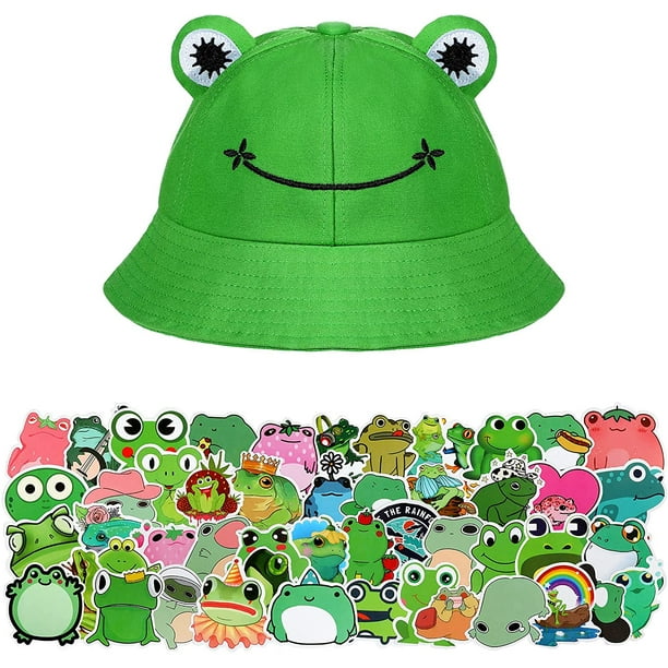 Frog Bucket Hat with 50 Pieces Frog Stickers for Kids Adults, Summer Cute  Frog Hat Outdoor Foldable Wide Brim Fisherman Hat Fishing Beach Sun Hat for  Women Men 