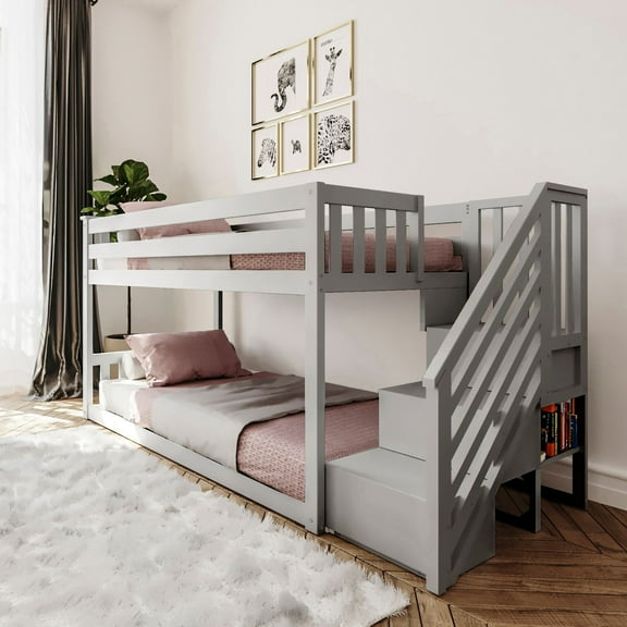 Max & Lily Solid Wood Twin over Twin Low Bunk Bed for Kids with Staircase, Grey
