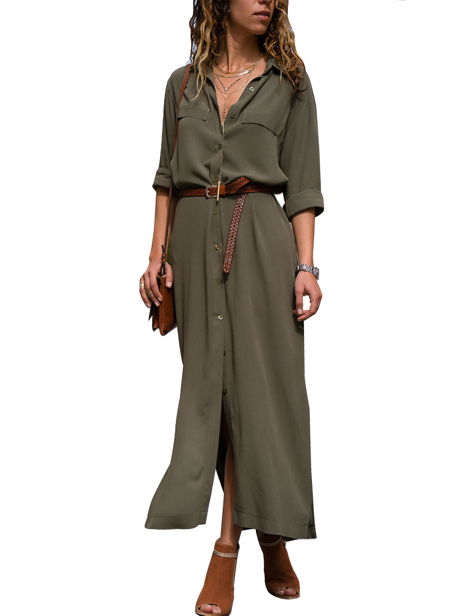 ANJUNIE Womens Solid Loose Shirt Dress Turn-Down Collar 3/4 Sleeve Casual Pocket Button Dress