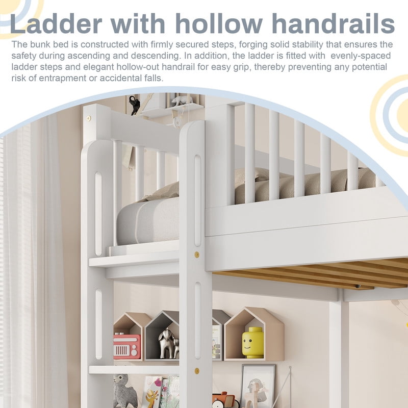 Twin-Over-Twin Wood Bunk Bed Convertible into 2 Platform Beds, Kids Storage Bed Frame with 2 Drawers, Ladder & Safety Guardrails