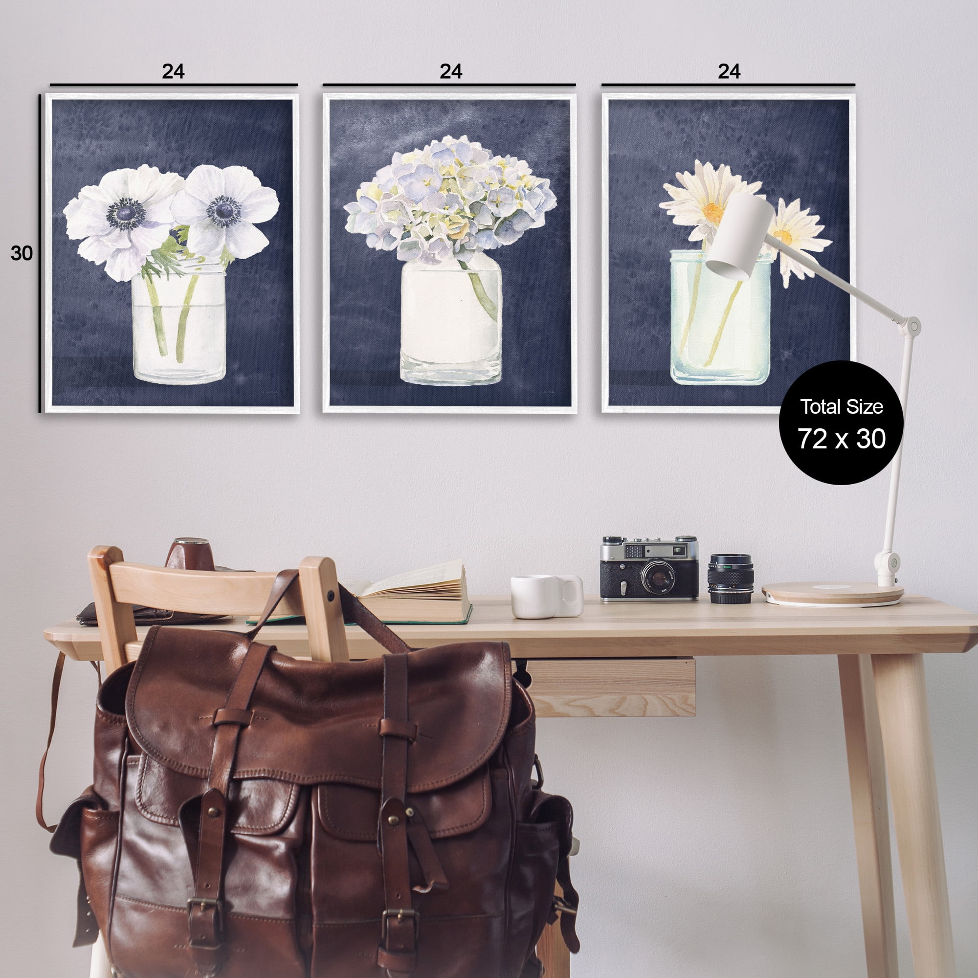 Stupell Industries Navy Blue Flower Bouquets Botanical & Floral Painting White Framed Art Print Wall Art, 24 x 30, Set of 3