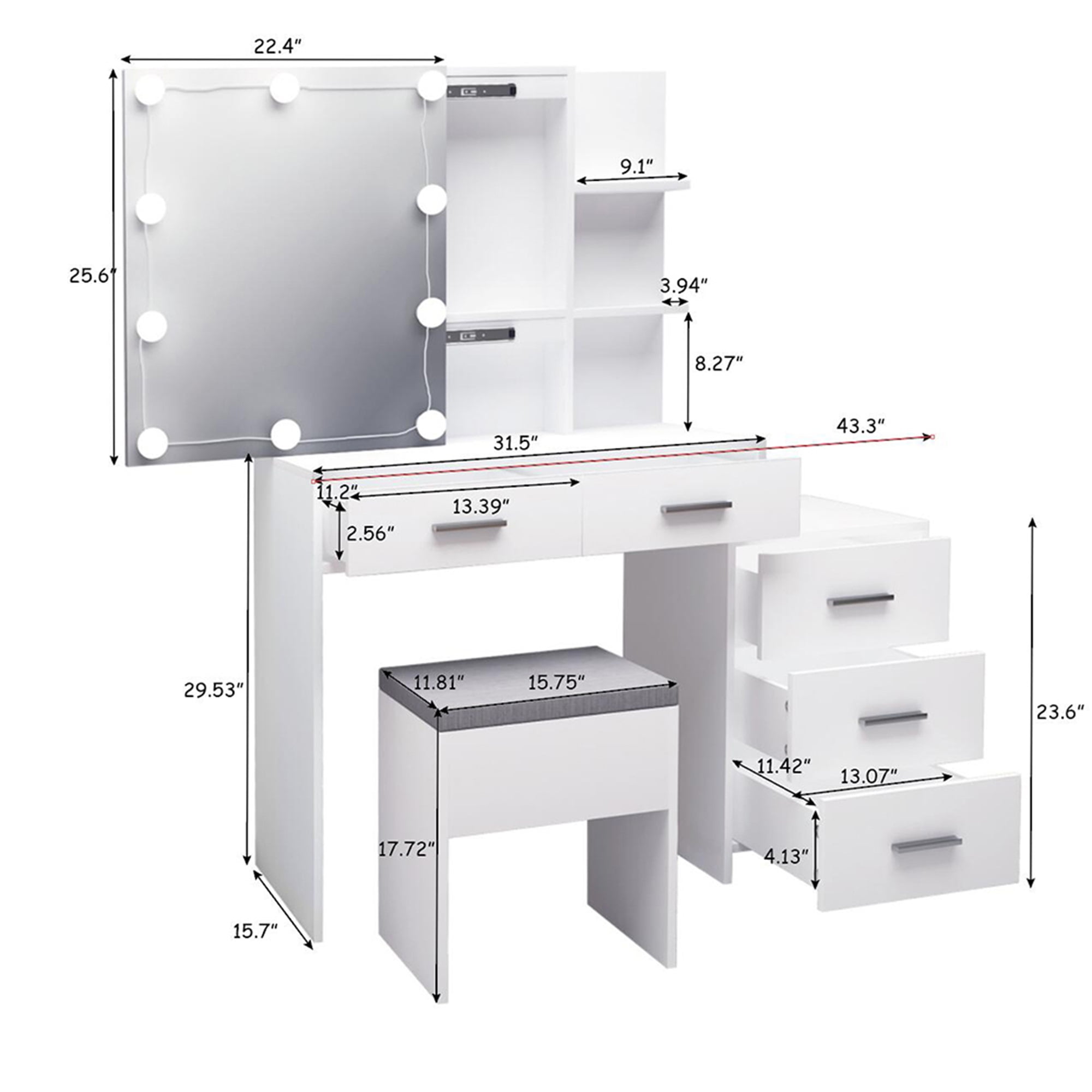 Kadyn Vanity Table and Chair Set with 5 Pumps 2 Shelves Mirror Cabinet Three Dimming Light Bulb Dressing Table Set, White