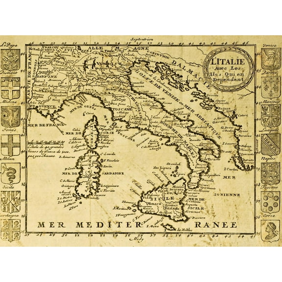 Art.com Map Of Italy Framed By Territorial Crests. May Be Dated To The Beginning Of Xviii Sec Art Print by marzolino, 16" x 12"