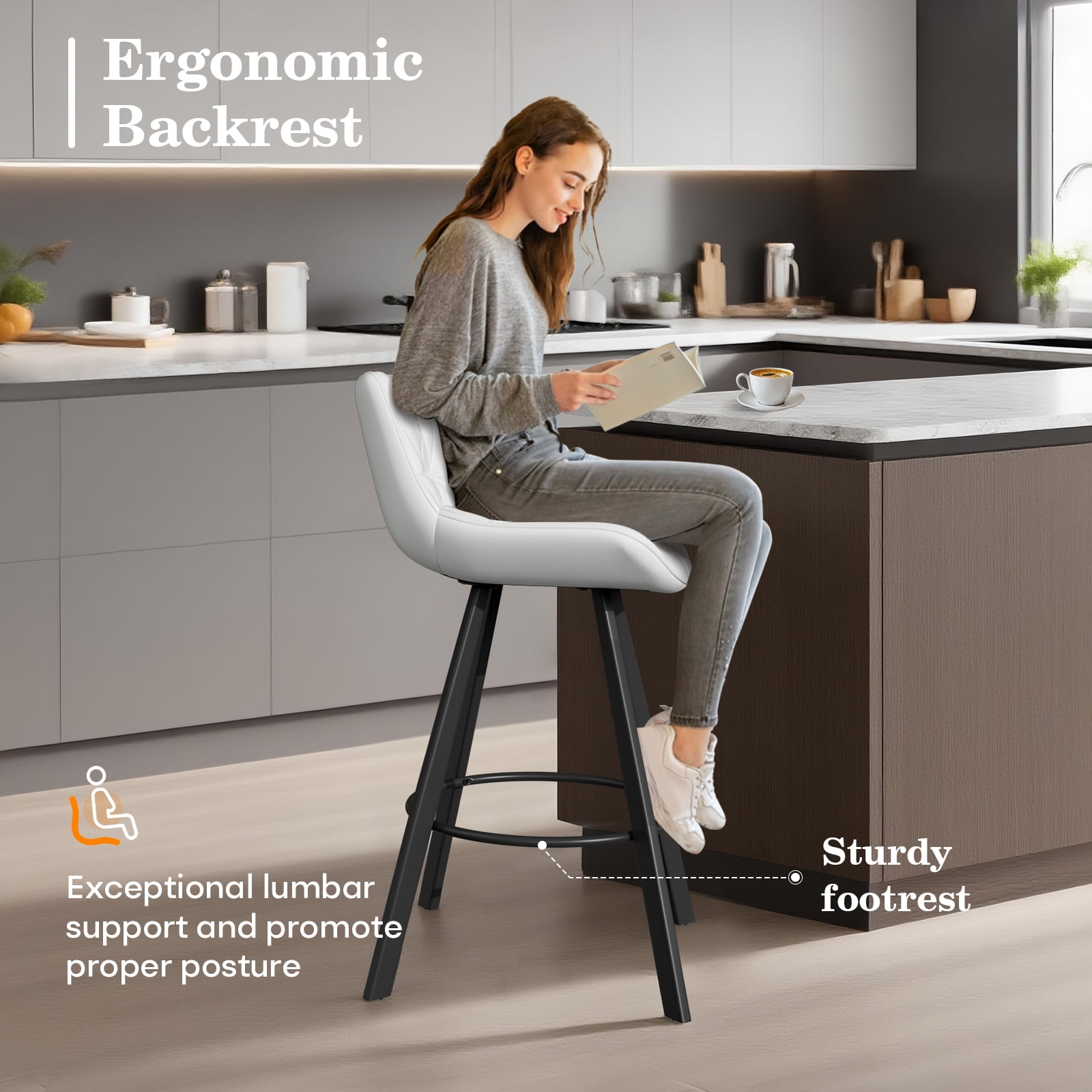 Genpo Bar Stools Set of 3, 26" Kitchen Counter Height Bar Stools with Back Metal Legs and Footrest, White Leather Barstools for Kitchen Island