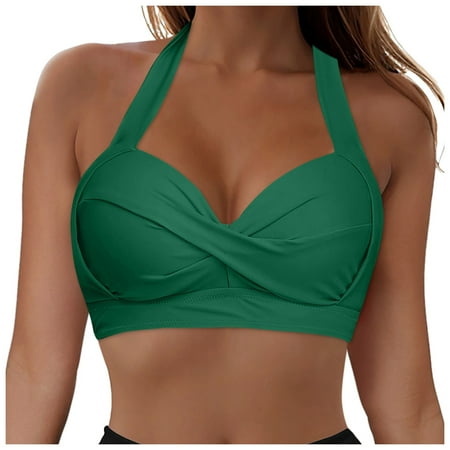 GEWSEY Women Halter Bikini Top Push Up Swimsuit Top Retro Swim Top Twist Front Bathing Suit Top Only Green  M