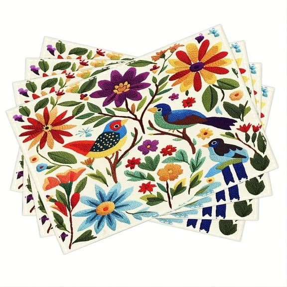 4pcs Mexican Embroidery Pattern Art Birds Flowers suitable for dining table kitchen party indoor festival dinner party and home decoration table mat 12x18 inches