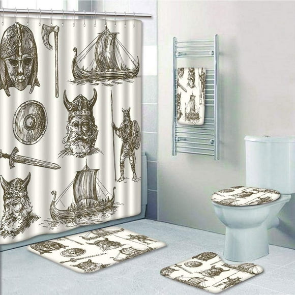 EREHome Viking Ancient War Figures Sword Shield Warriors Mask Dragon Head Ship Medieval Dark 5 Piece Bathroom Set Shower Curtain Bath Towel Bath Rug Contour Mat and Toilet Lid Cover