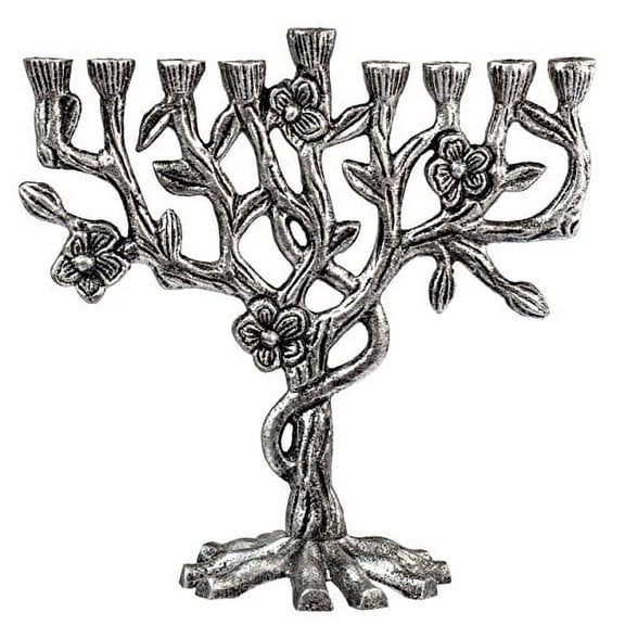 Ner Mitzvah, 8" Artistic Aluminum Candle Hannukah Menorah - Tree Of Life Design (Silver)