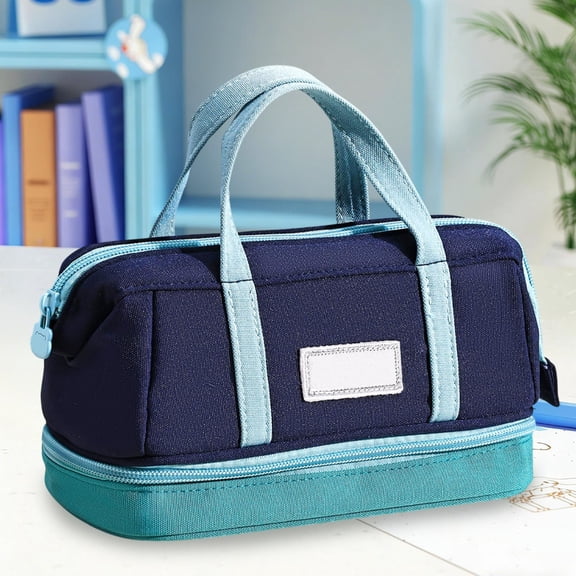 Tuvgenk Large Capacity Pencil Cases Multiple Compartments Blue Pencil Pouch Canvas Stain-Resistant Zipper Solid Color Waterproof Cosmetic Bag for Adults
