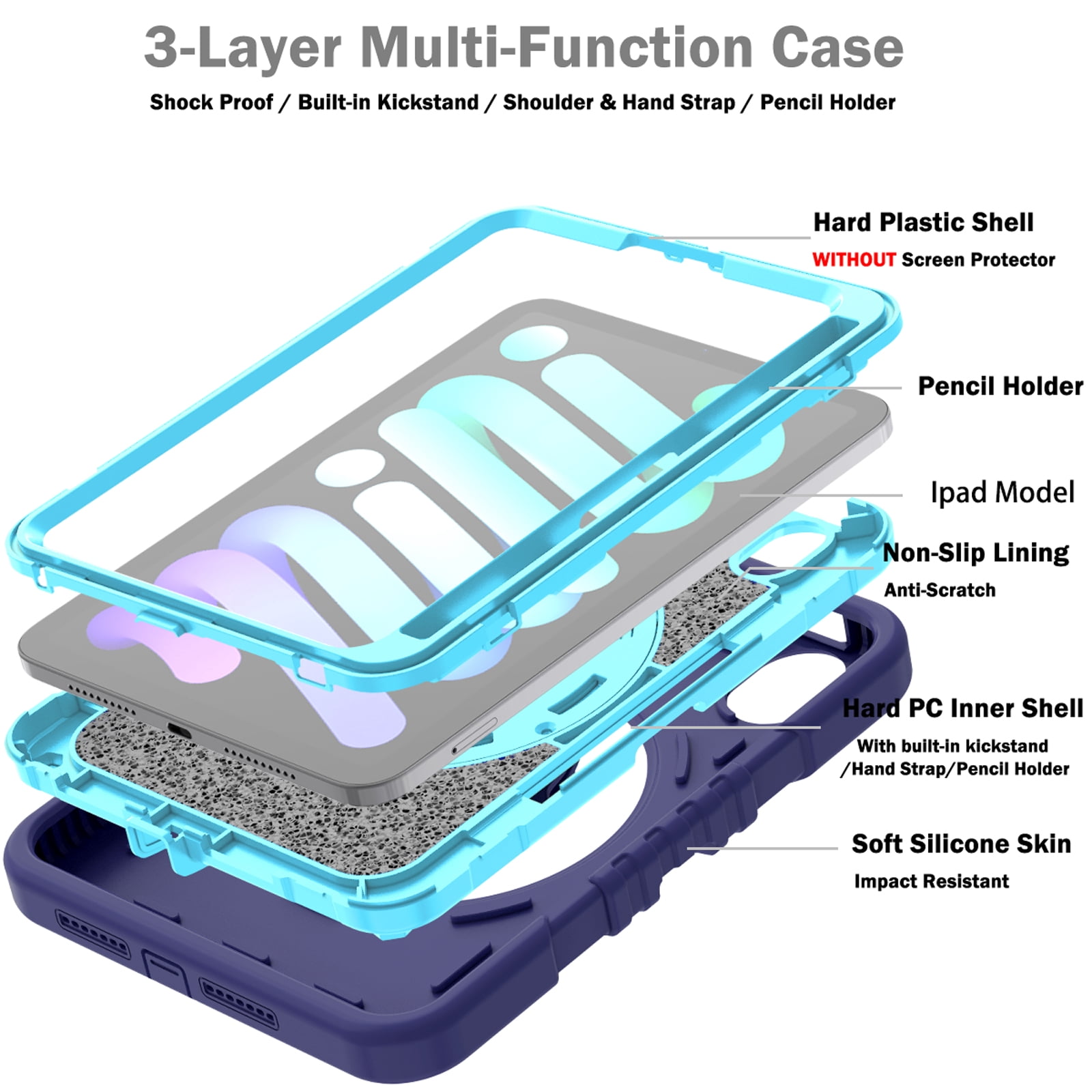 Dteck Case for iPad mini 7 (A17 Pro) 8.3 inch 2024/ iPad mini 6th Generation,Heavy Duty Rugged Drop Proof Shockproof Armor Case with Stand Pencil Holder Hand Strap Shoulder Strap,Navyblue