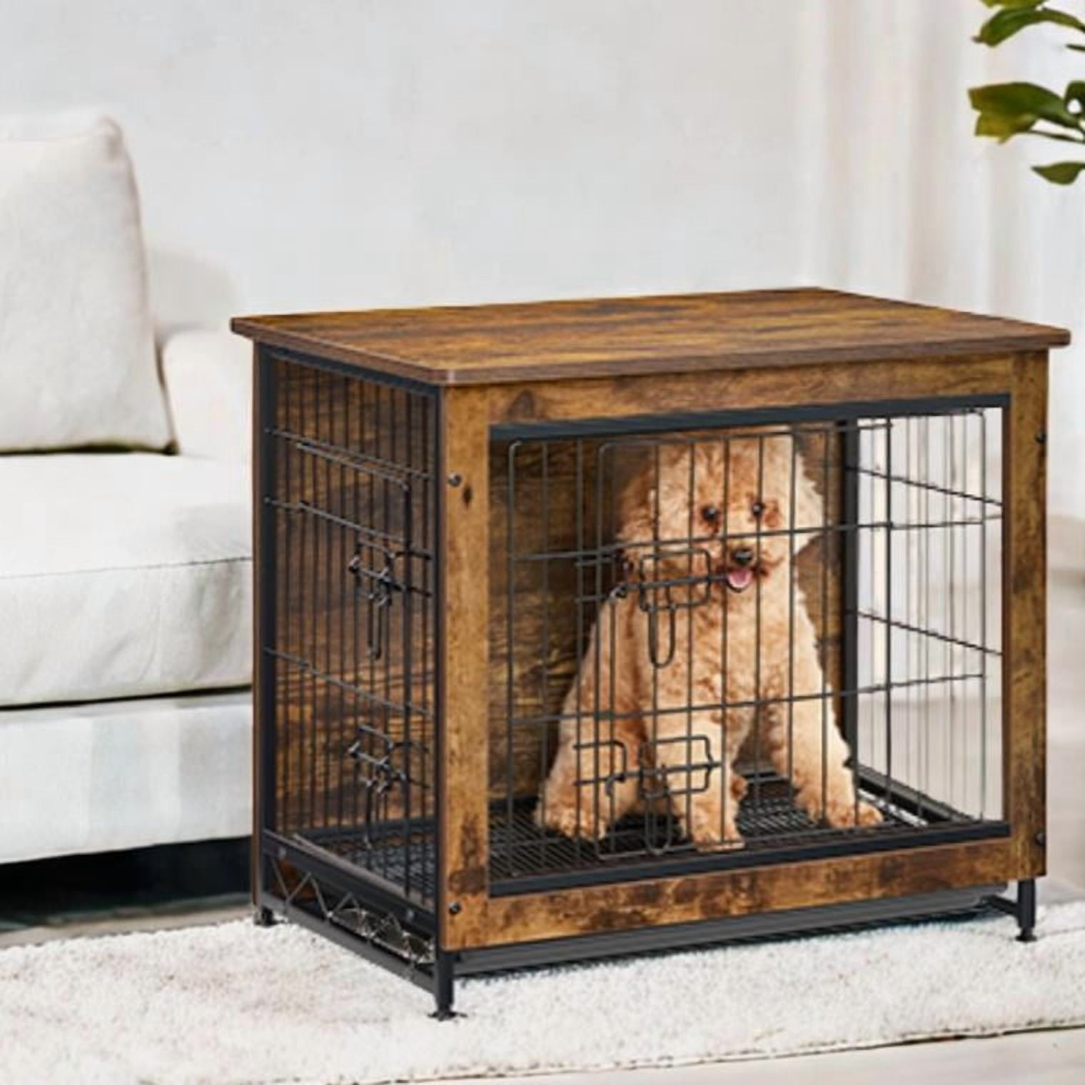 LEDREM Dog Crate Furniture, 27.2-Inch Indoor Dog Kennel with Double Doors, Removable Tray, Side Table, for Small Dogs up to 30 lb, Rustic Brown