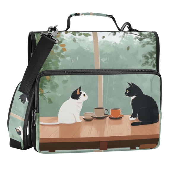 Zipper Binder Coffee Cat 1.5 Inch Binder Folder Bag with Shoulder Strap and Handle