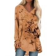 TWZH Women Butterflies Printed V Neck Long Sleeve Solid Tunic Top