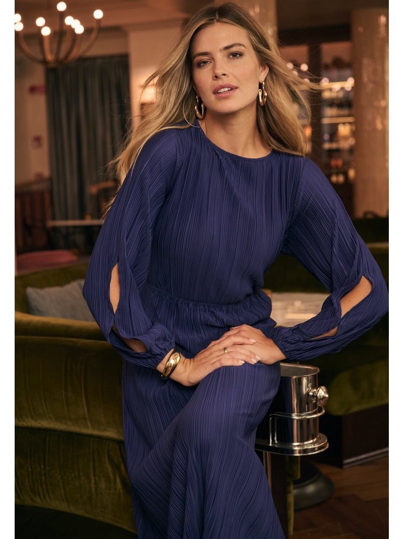 blue plisse maxi dress Asos Design Plisse Long Sleeve Wrap Tie Waist Maxi Dress In Blue