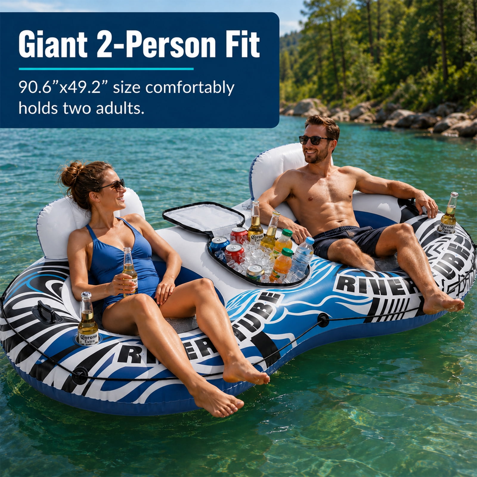 Alvantor 2 Person Inflatable River Tube Float, Heavy Duty River Float for Adults with Removable Cooler, Cup Holders, Durable Handles & GRAP Rope for Family Pool