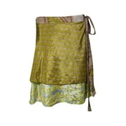 Mogul Indian Reversible Silk Sari Wrap Skirt Green Printed Two Layer Boho Chic Beach Cover Up Hippie Skirts