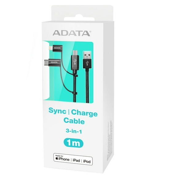 vAccessorize Charging Cable 3-in-1 Sync Micro-USB Lightning USB-C Connectors Universal 100cm