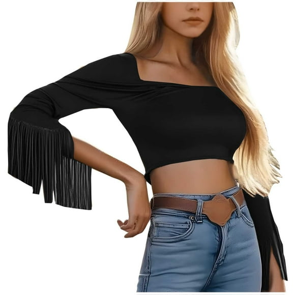 Lenpel Crop Tops for Women Tassel Long Sleeve Square Neck Slim Cropped T Shirts Going out Blouses Festival Concert Party Tees(Black,Small)
