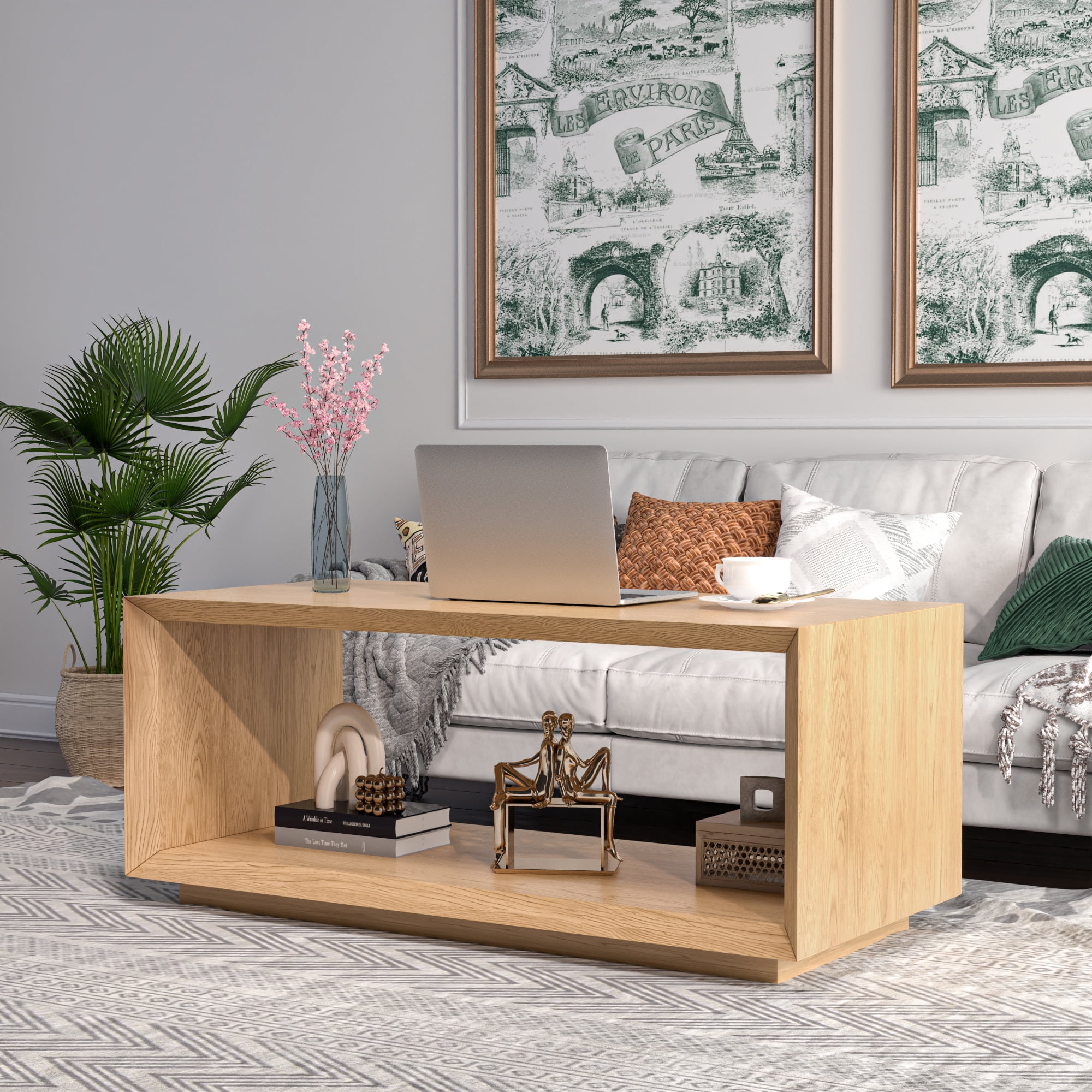 Farmhouse Wood Coffee Table, Rectangle Coffee Table, Simple 2-Tier (Oak)