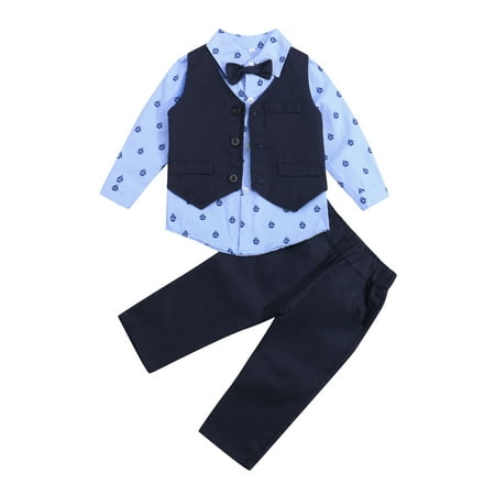

aturustex Toddler Baby Boys Gentleman Suit Set 4pcs Outfits Long Sleeve Shirts +Single-Breasted Waistcoat +Pants +Bow Tie 9 Months to 5 Years