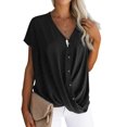 thumbnail image 1 of Women Solid Color V Neck Batwing Sleeve Cross Drape Front Buttons T-Shirt, 1 of 5