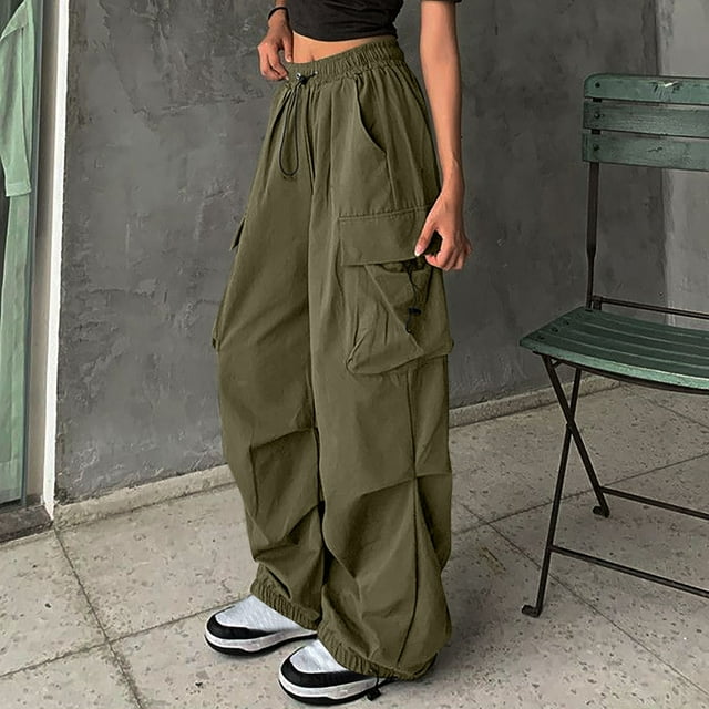 AherBiu Cargo Pants for Women High Waisted Drawstring Adjustable Wide Leg Joggers with Multi Pockets Solid Color Casual Sweatpants