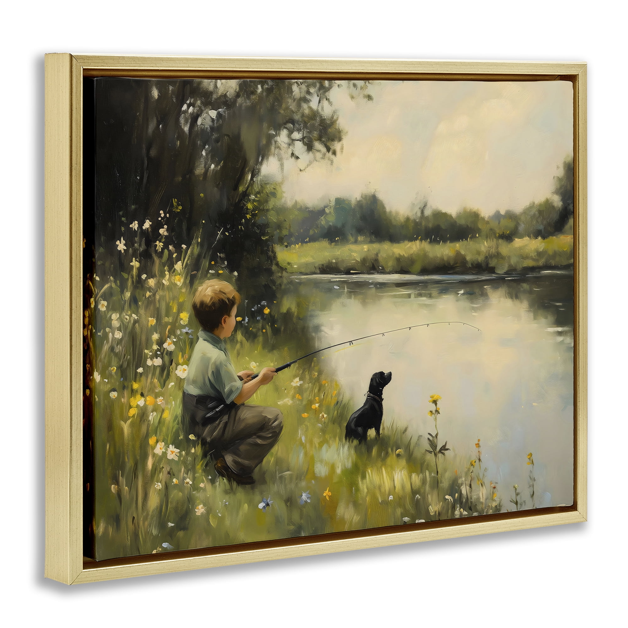 Boy & Puppy Fishing Gold Framed Floater Canvas Wall Art, design by Arlington Prints