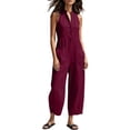 thumbnail image 4 of Cotton Jumpsuits for Women Round Neck Button Sleeveless Summer Rompers Casual Fashionable Solid Color Loose Wide Leg Jumpsuit with Pockets, 4 of 5
