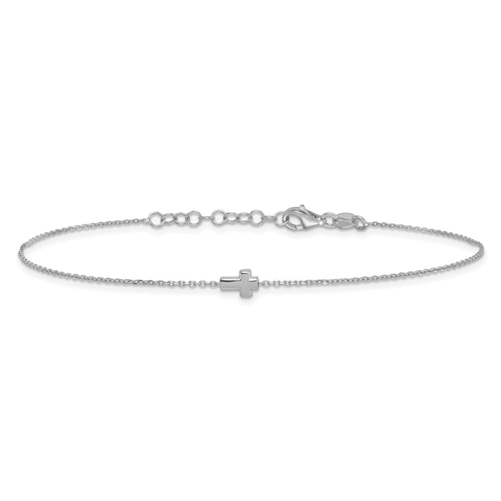 Sterling Silver Rhodium-plated Cross 9 inch with 1 inch Extension Anklet