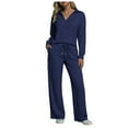 thumbnail image 3 of felwors Women's 2 Piece Sets Outfits Casual Long Sleeve Sweatsuits Polo Top and Wide Leg Pants Matching Sets Navy, L, 3 of 8