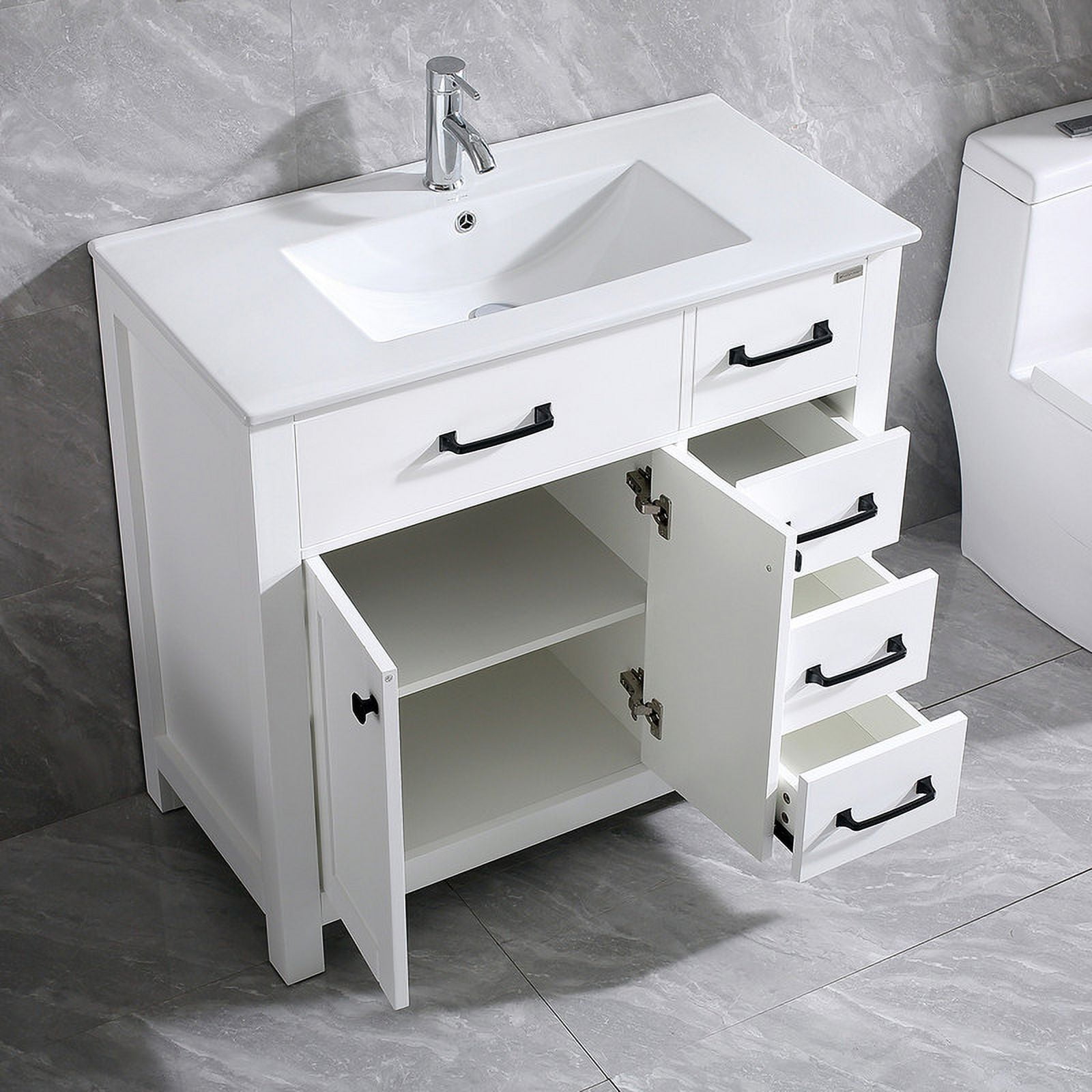 Wonline 36" Luxurious Bathroom Vanity with Sink Top,Modern Bathroom Vanities with 2-Door and 5 Drawers Cabinet,Undermount Ceramic Sink,White