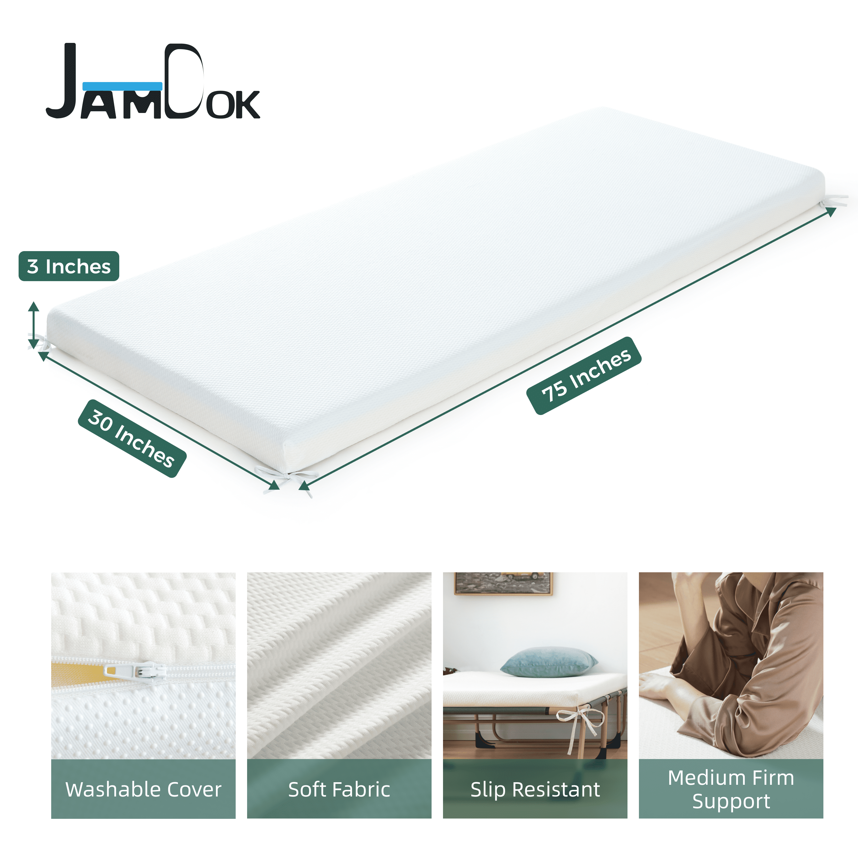 Jamdok 3Inch Cot Mattress Topper,Narrow Twin Gel Memory Foam Pad for Camping Cot,Sofa Bed,Pull Out Chair Cushion,Portable,Cool (75 x 30")