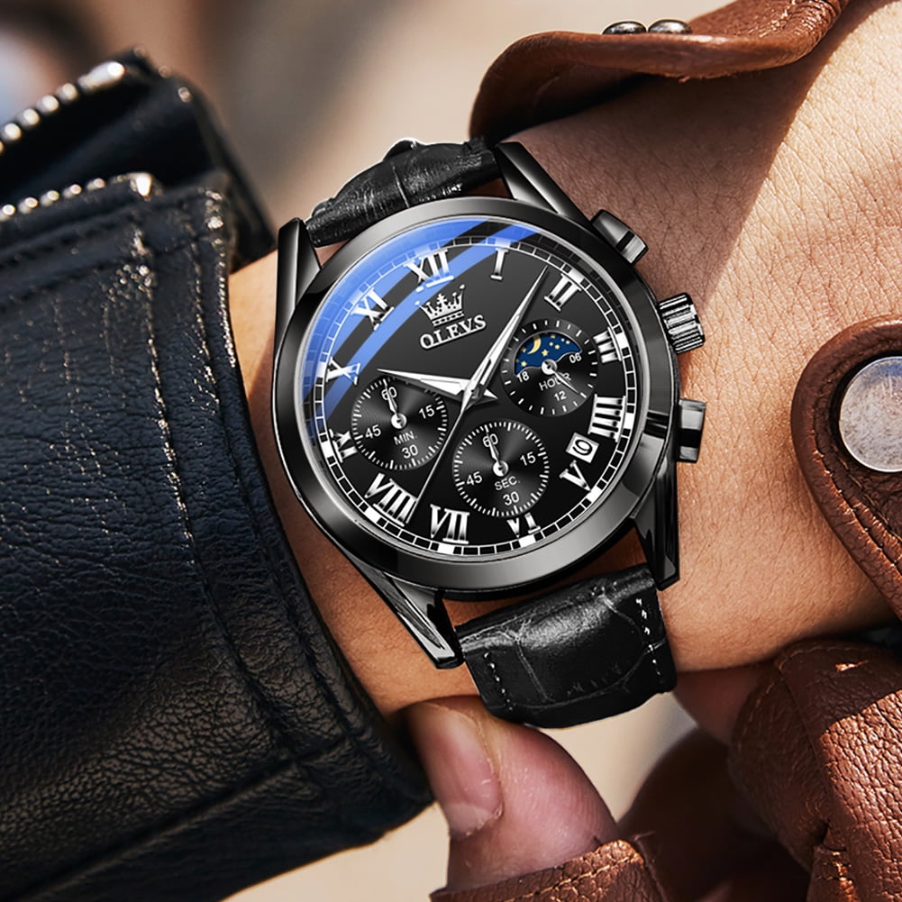 OLEVS Mens Watches Luxury Chronograph Moon Phase Waterproof Luminous Black Leather Strap Date Classic Watch for Men
