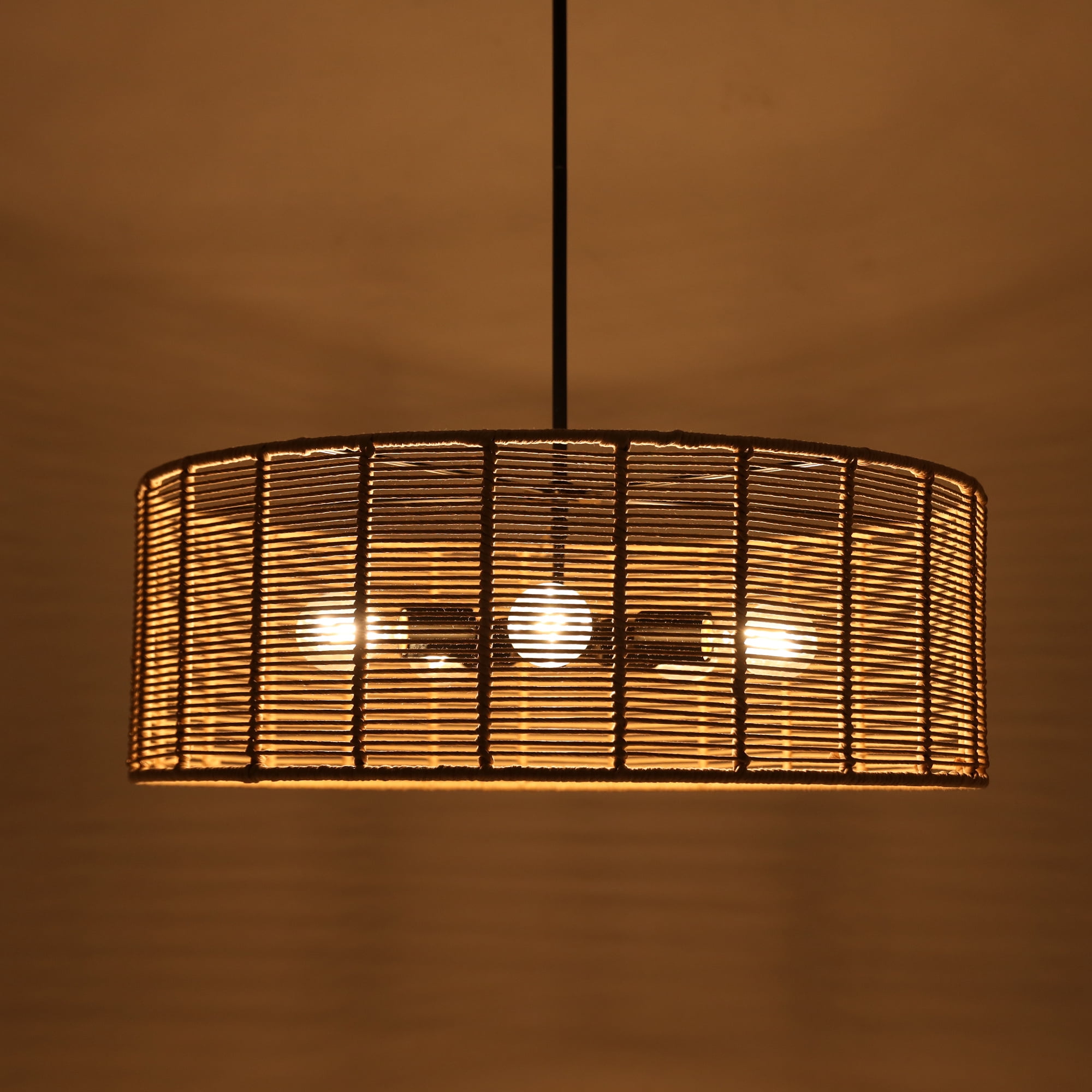 LNC 26" Natural Rattan Drum Pendant Light, Boho Dining Room Ceiling Fixture with 5 Lights