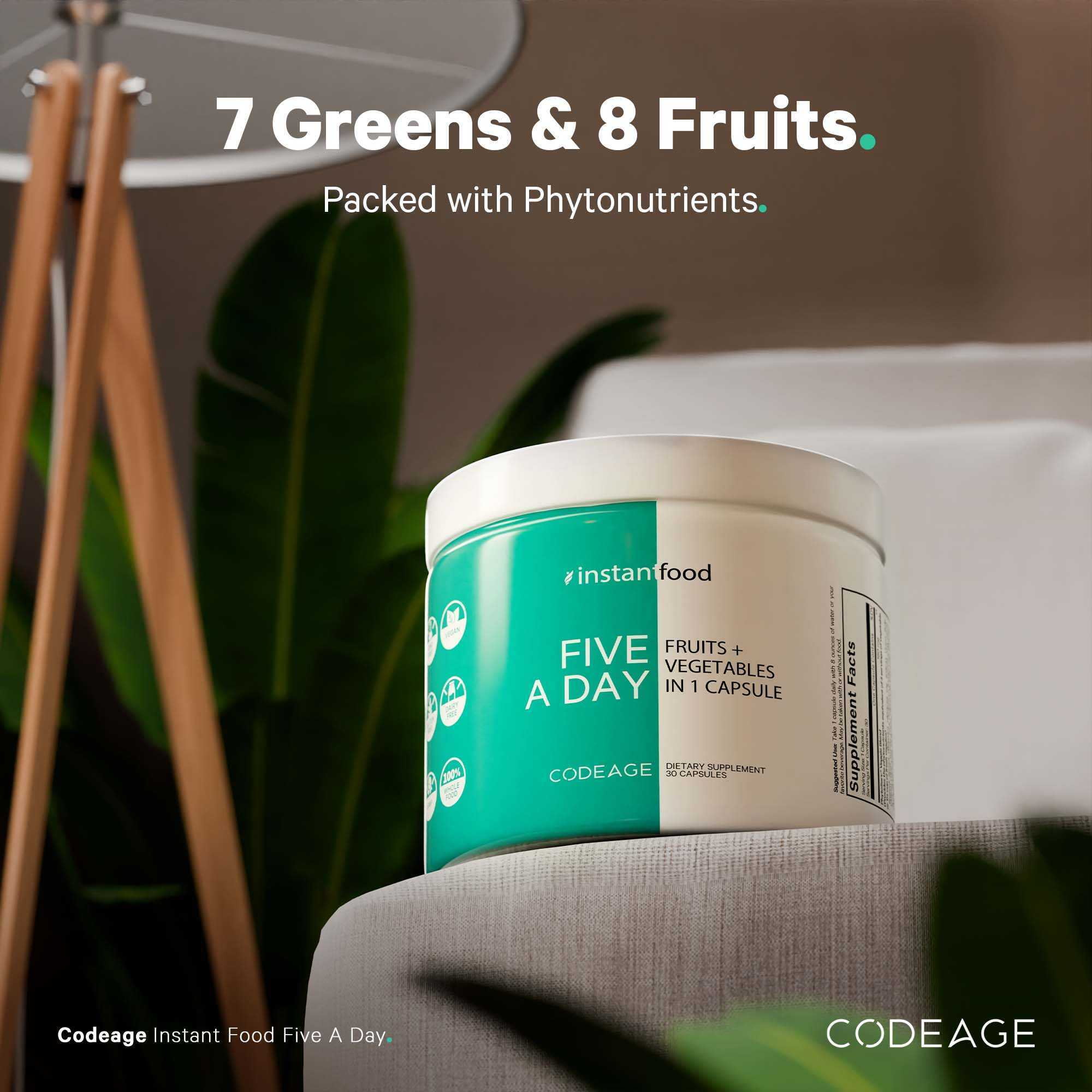 Codeage Instantfood Five a Day, 15 Fruits & Vegetables All-In-One Capsule, Whole Food Vegan Blend, 30 ct